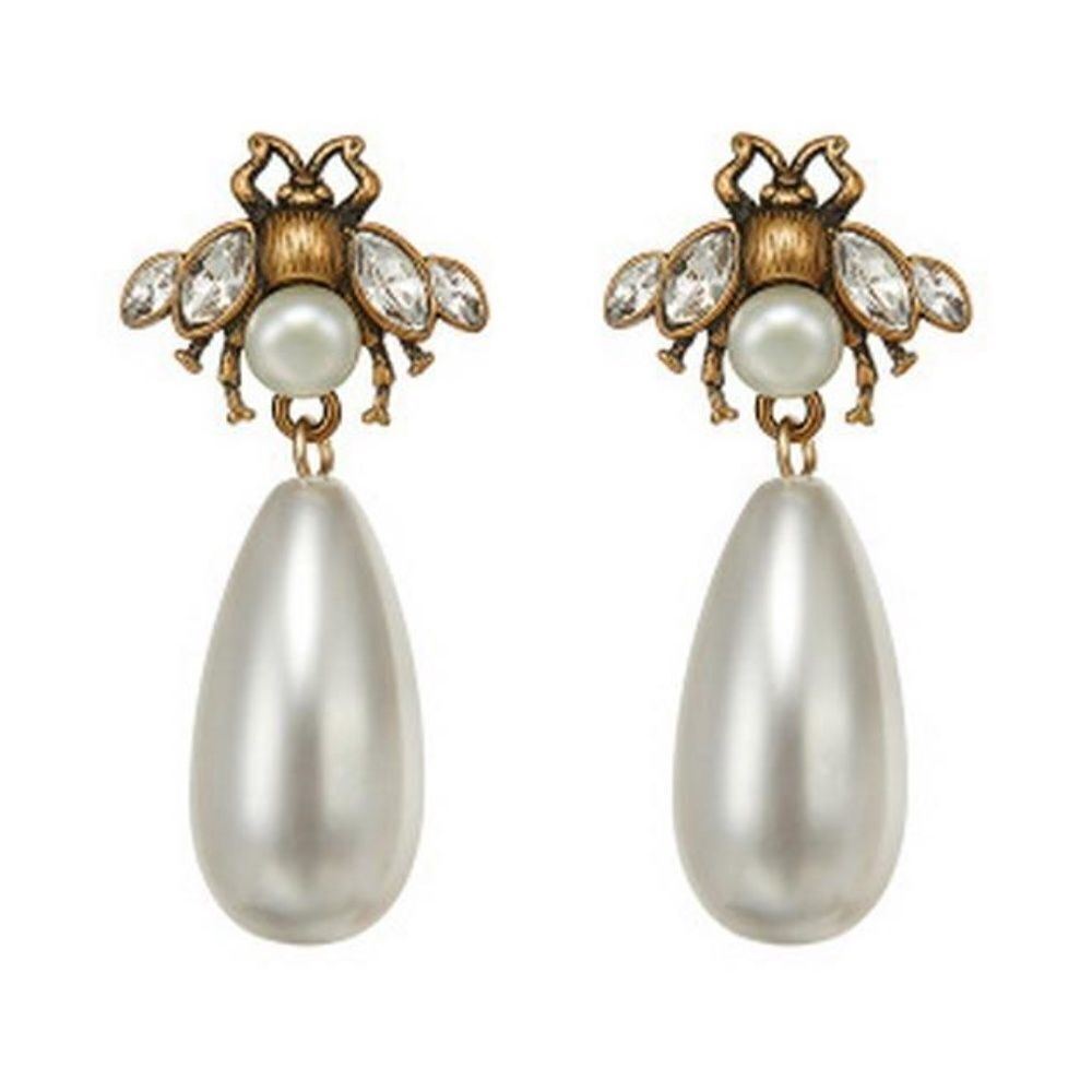 Deco HONEY BEE DROP EARRINGS  W/ TEARDROP PEARL Crystals Antiqued Gold